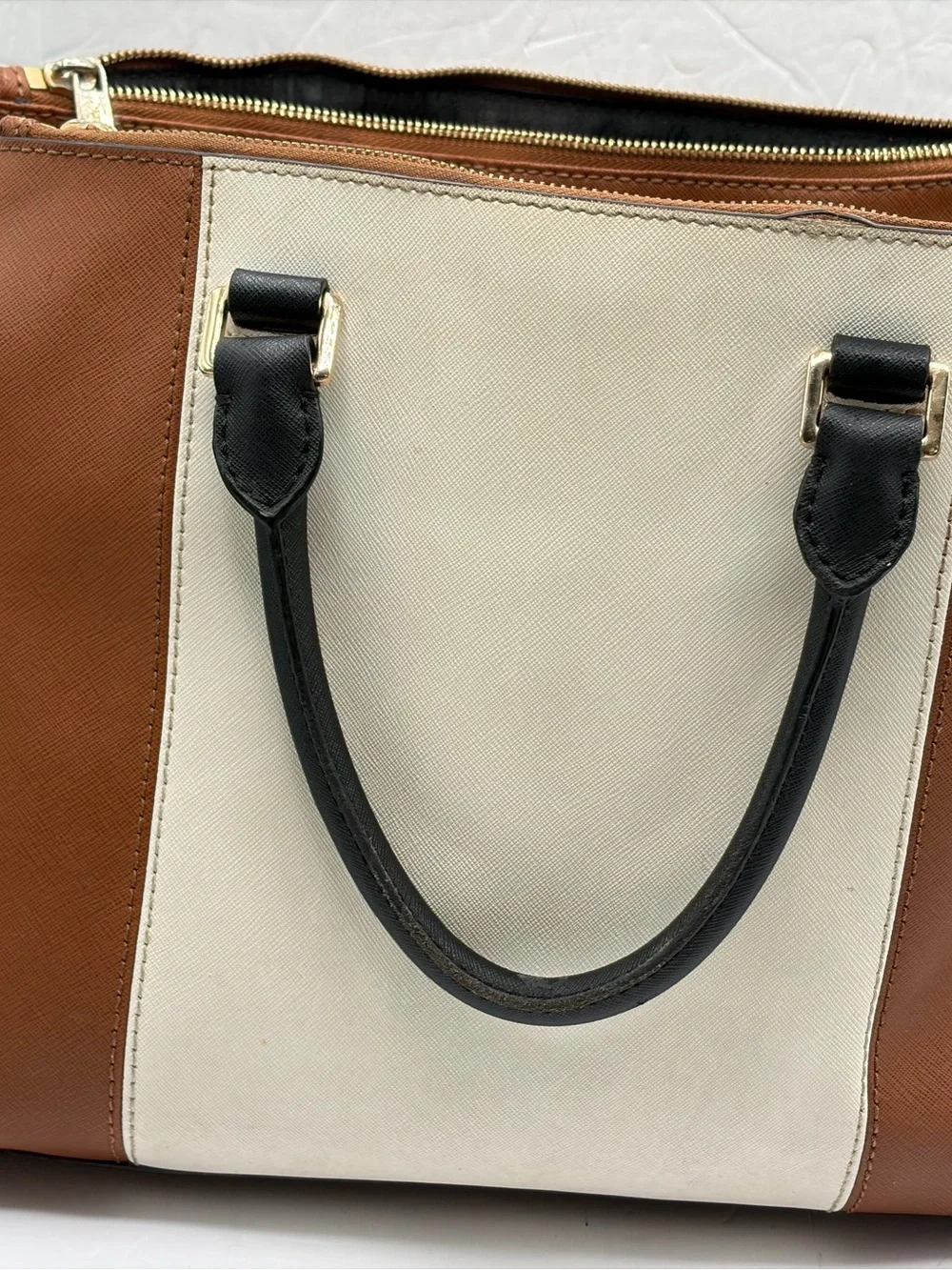 Michael Kors Sutton Large Center Strip Satchel Bag Color Block White Brown Black
